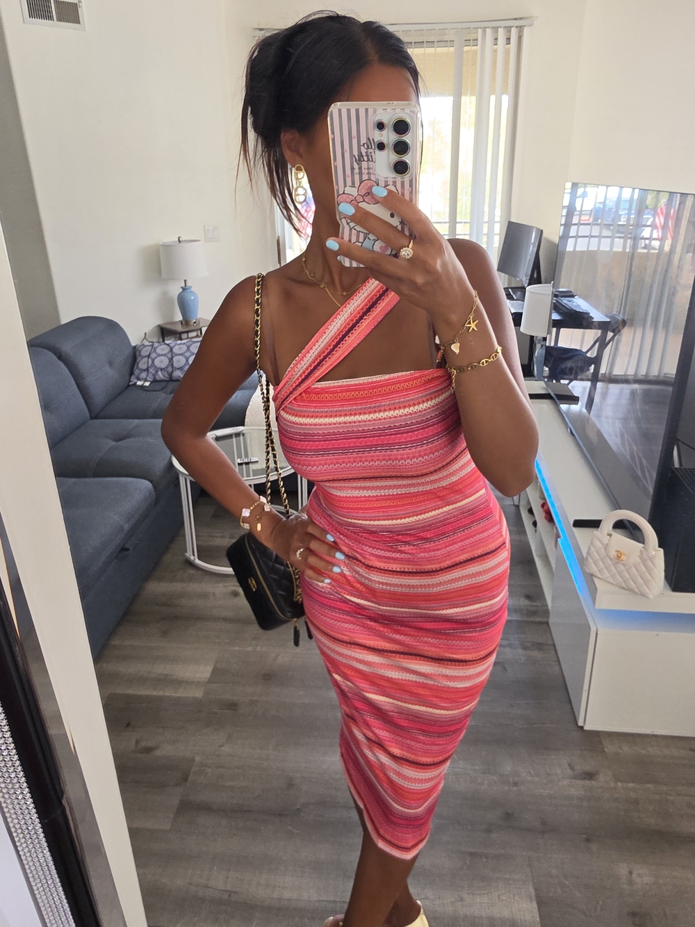 Women's Pink Striped One-Shoulder Bodycon Dress - Picture 15 of 17